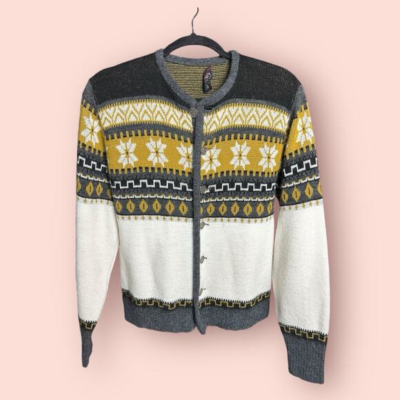 Vtg Fair Isle Snowflake Sweater Gray Yellow Cardigan Grandpa Winter Medium Ski - Picture 2 of 5